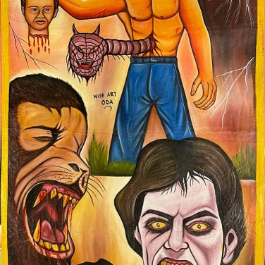 Colorful Wise Art movie poster for An American Werewolf in London by Deadly Prey, with a headless man, werewolf holding a severed head, snarling werewolf, and transforming figure; part of the Deadly Prey exhibition.