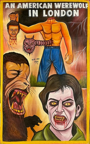 Colorful Wise Art movie poster for An American Werewolf in London by Deadly Prey, with a headless man, werewolf holding a severed head, snarling werewolf, and transforming figure; part of the Deadly Prey exhibition.