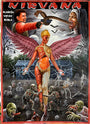 A surreal Deadly Prey poster, inspired by Mr. Nana Abyq, shows a winged half-skeletal figure among graves as a man attacks a vampire nun with a chainsaw—NIRVANA shines overhead in bold exhibition style.