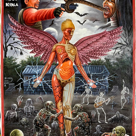 A surreal Deadly Prey poster, inspired by Mr. Nana Abyq, shows a winged half-skeletal figure among graves as a man attacks a vampire nun with a chainsaw—NIRVANA shines overhead in bold exhibition style.