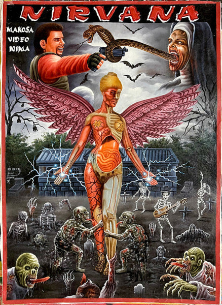 A surreal Deadly Prey poster, inspired by Mr. Nana Abyq, shows a winged half-skeletal figure among graves as a man attacks a vampire nun with a chainsaw—NIRVANA shines overhead in bold exhibition style.
