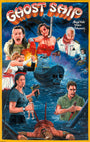 A vibrant Deadly Prey Ghost Ship movie poster shows terrified characters, a skull-shaped phantom ship, and intense horror scenes in oil and enamel art against a stormy ocean background.