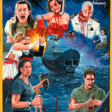 A vibrant Deadly Prey Ghost Ship movie poster shows terrified characters, a skull-shaped phantom ship, and intense horror scenes in oil and enamel art against a stormy ocean background.