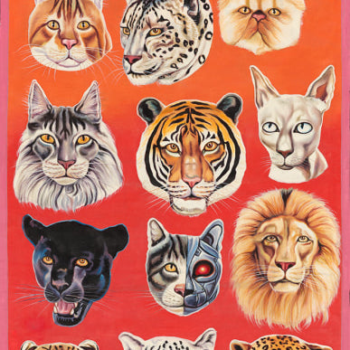 The Deadly Prey Heavy J Cat Tattoo illustrated poster showcases twelve realistic and stylized cat faces, including domestic, wild, robotic, and hybrid cats on a vivid red-orange background, inspired by oil and enamel painting.