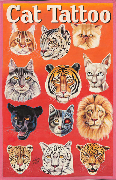 The Deadly Prey Heavy J Cat Tattoo illustrated poster showcases twelve realistic and stylized cat faces, including domestic, wild, robotic, and hybrid cats on a vivid red-orange background, inspired by oil and enamel painting.