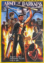 The Deadly Prey Army of Darkness poster by H.K. Mathias features a man with glasses holding a shotgun and chainsaw among skeletons, flames, and a crouching woman. Tagline: Trapped in time. Surrounded by evil. Low on gas.