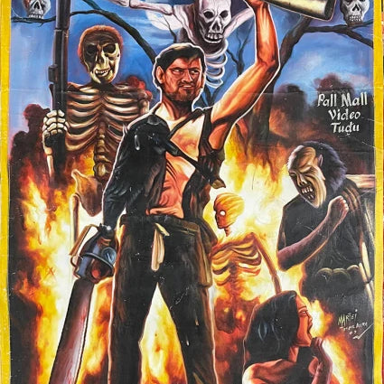 The Deadly Prey Army of Darkness poster by H.K. Mathias features a man with glasses holding a shotgun and chainsaw among skeletons, flames, and a crouching woman. Tagline: Trapped in time. Surrounded by evil. Low on gas.
