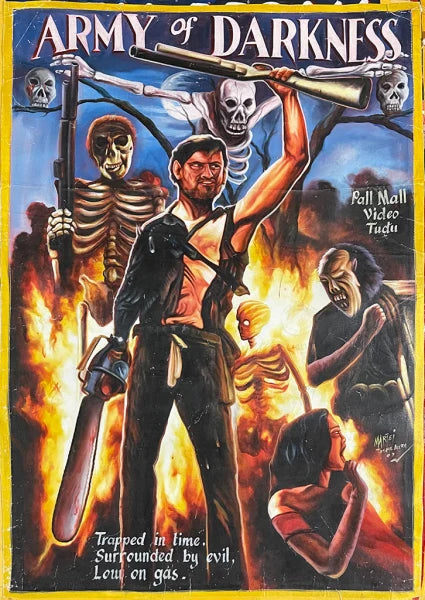 The Deadly Prey Army of Darkness poster by H.K. Mathias features a man with glasses holding a shotgun and chainsaw among skeletons, flames, and a crouching woman. Tagline: Trapped in time. Surrounded by evil. Low on gas.