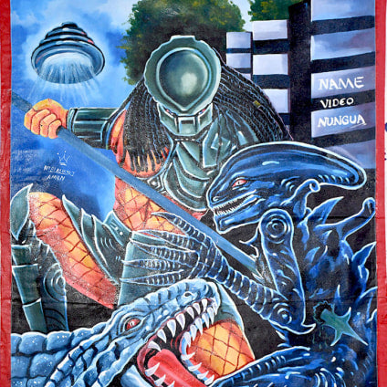 A colorful hand-painted Deadly Prey movie poster by Nii Bi Ashitey shows Predator fighting two sharp-toothed aliens as a UFO flies above, boldly reading ALIEN vs PREDATOR and NAME VIDEO NUNGUA.