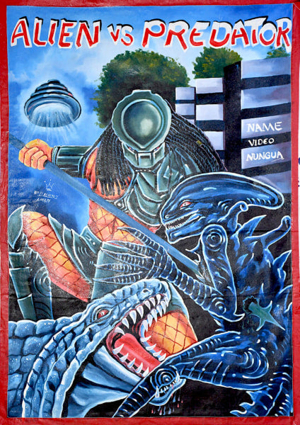 A colorful hand-painted Deadly Prey movie poster by Nii Bi Ashitey shows Predator fighting two sharp-toothed aliens as a UFO flies above, boldly reading ALIEN vs PREDATOR and NAME VIDEO NUNGUA.