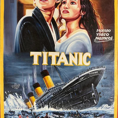 Deadly Prey hand-painted movie poster for Titanic in Heavy J style, showing Leonardo DiCaprio and Kate Winslet portraits above a dramatic sinking ship scene with lifeboats.
