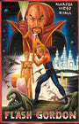 A dramatic, colorful Deadly Prey painting features a muscular hero with a sword, a woman in gold, and a menacing figure amid surreal futuristic buildings—a vibrant piece ideal for any exhibition.