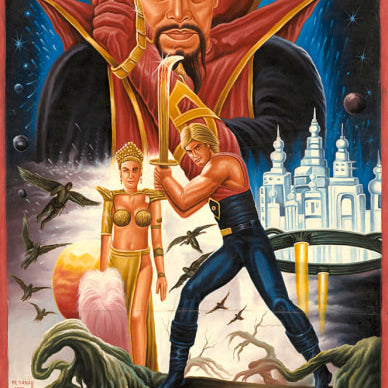 A dramatic, colorful Deadly Prey painting features a muscular hero with a sword, a woman in gold, and a menacing figure amid surreal futuristic buildings—a vibrant piece ideal for any exhibition.