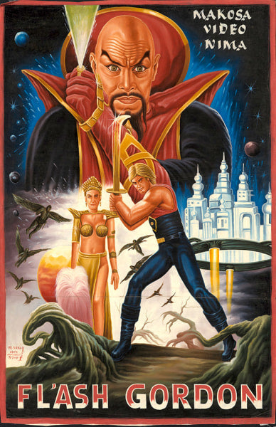 A dramatic, colorful Deadly Prey painting features a muscular hero with a sword, a woman in gold, and a menacing figure amid surreal futuristic buildings—a vibrant piece ideal for any exhibition.