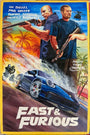 The Deadly Prey hand-painted Heavy J Fast & Furious artwork features two armed men, a blue car speeding through smoke, palm trees, helicopters, and bold action scenes in oil and enamel on flour sack, with actor names displayed at the top.