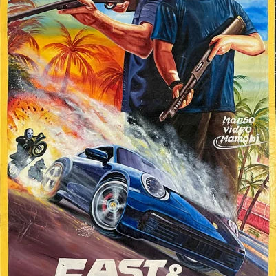 The Deadly Prey hand-painted Heavy J Fast & Furious artwork features two armed men, a blue car speeding through smoke, palm trees, helicopters, and bold action scenes in oil and enamel on flour sack, with actor names displayed at the top.
