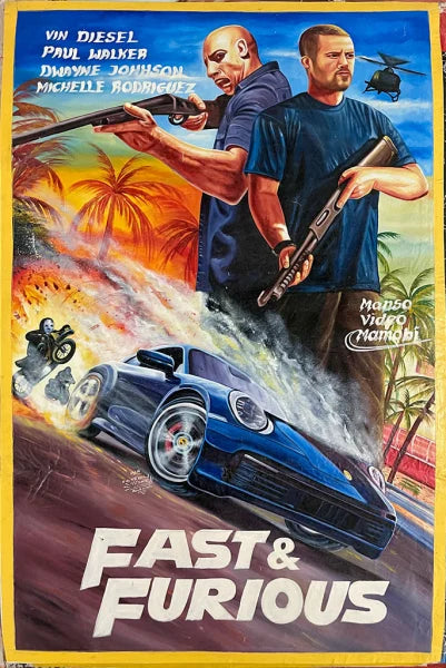 The Deadly Prey hand-painted Heavy J Fast & Furious artwork features two armed men, a blue car speeding through smoke, palm trees, helicopters, and bold action scenes in oil and enamel on flour sack, with actor names displayed at the top.