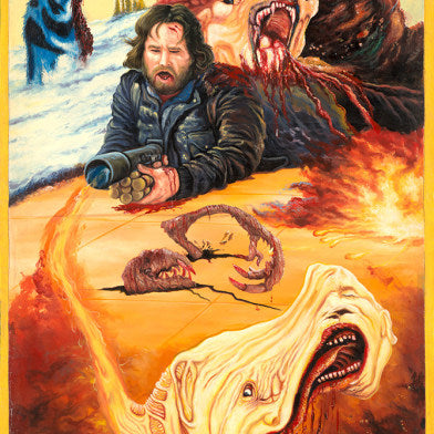 Deadly Prey illustrated poster for The Thing, inspired by Stoger artwork. Features a man with a flamethrower, snarling dog, grotesque alien creatures with distorted faces, and the red title "The Thing" at the top.