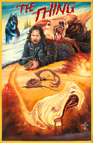 Deadly Prey illustrated poster for The Thing, inspired by Stoger artwork. Features a man with a flamethrower, snarling dog, grotesque alien creatures with distorted faces, and the red title "The Thing" at the top.