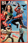 Vibrant, hand-painted Blade movie poster by Deadly Prey: a muscular man with sunglasses and swords battles vampires; an intense woman, decapitated heads, and skulls are featured—classic oil and enamel style from the Deadly Prey collection.