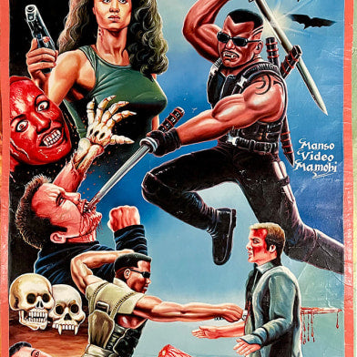 Vibrant, hand-painted Blade movie poster by Deadly Prey: a muscular man with sunglasses and swords battles vampires; an intense woman, decapitated heads, and skulls are featured—classic oil and enamel style from the Deadly Prey collection.