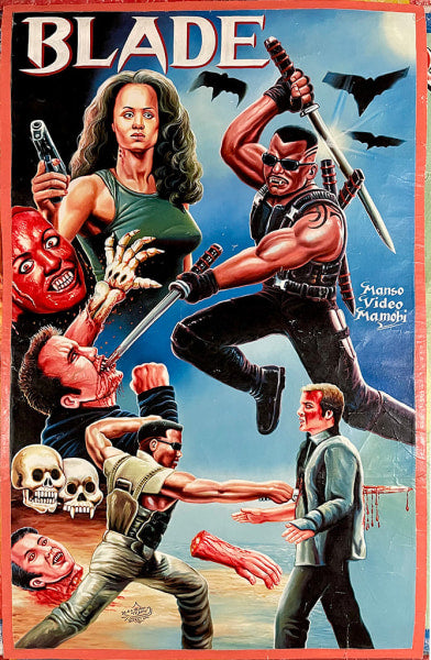 Vibrant, hand-painted Blade movie poster by Deadly Prey: a muscular man with sunglasses and swords battles vampires; an intense woman, decapitated heads, and skulls are featured—classic oil and enamel style from the Deadly Prey collection.