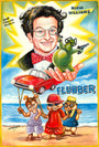 A colorful Deadly Prey-style poster shows a smiling man with glasses and a red bowtie holding green slime, while three cartoon chipmunks walk on a beach near a flying red car. Text reads “Robin Williams” and “Flubber.”.