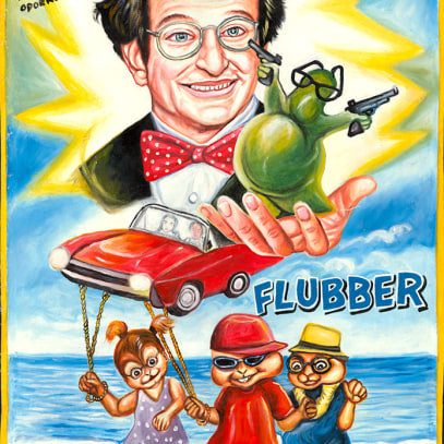 A colorful Deadly Prey-style poster shows a smiling man with glasses and a red bowtie holding green slime, while three cartoon chipmunks walk on a beach near a flying red car. Text reads “Robin Williams” and “Flubber.”.