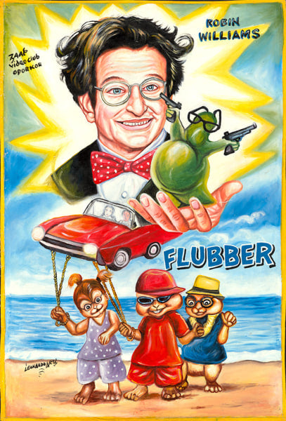 A colorful Deadly Prey-style poster shows a smiling man with glasses and a red bowtie holding green slime, while three cartoon chipmunks walk on a beach near a flying red car. Text reads “Robin Williams” and “Flubber.”.