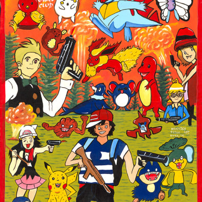 Vibrant Deadly Prey Pokémon poster features trainers with guns in a grassy field, explosions behind them, and bold "POKEMON" text on top—dynamic art inspired by oil paintings.
