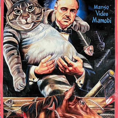 Hand-painted The Godfather painting by C.A. Wisely Art, showing a stern man in a tux holding a cat, with fish skeletons and a severed horse head. Bold text "THE GODFATHER." From the Deadly Prey brand.
