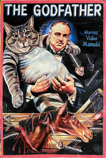 Hand-painted The Godfather painting by C.A. Wisely Art, showing a stern man in a tux holding a cat, with fish skeletons and a severed horse head. Bold text "THE GODFATHER." From the Deadly Prey brand.