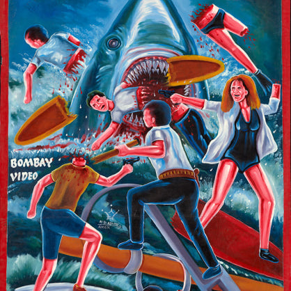 A hand-painted Deadly Prey movie poster in oil and enamel on flour sack shows a giant shark attacking panicked swimmers amid blood and chaos. "JAWS" is boldly at the top, with BOMBAY VIDEO on the left.