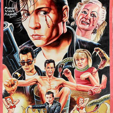 Vibrant illustrated movie poster for Cry-Baby in a bold retro style inspired by Deadly Prey, featuring a teardroped man, screaming woman, expressive faces, motorcycles, and energetic dancers.