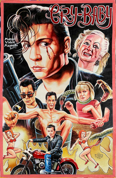 Vibrant illustrated movie poster for Cry-Baby in a bold retro style inspired by Deadly Prey, featuring a teardroped man, screaming woman, expressive faces, motorcycles, and energetic dancers.