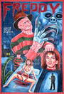 A vivid, hand-painted Deadly Prey poster in oil and enamel showcases Freddy Krueger’s bladed glove, a giant monster face, blood, a screaming woman, a severed head, and a shadowy figure with clawed gloves.