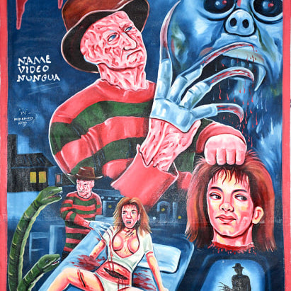 A vivid, hand-painted Deadly Prey poster in oil and enamel showcases Freddy Krueger’s bladed glove, a giant monster face, blood, a screaming woman, a severed head, and a shadowy figure with clawed gloves.