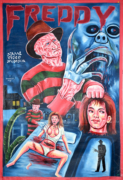 A vivid, hand-painted Deadly Prey poster in oil and enamel showcases Freddy Krueger’s bladed glove, a giant monster face, blood, a screaming woman, a severed head, and a shadowy figure with clawed gloves.