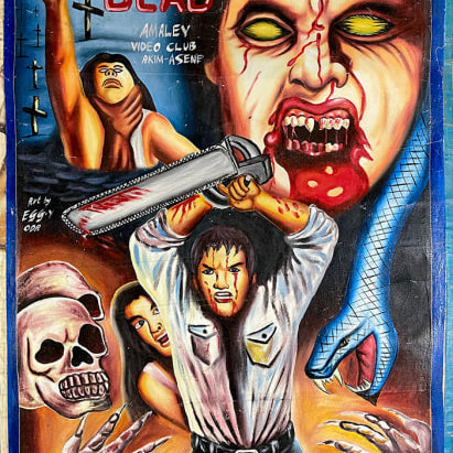 A hand-painted Deadly Prey Eggy artist poster for Evil Dead shows a man with a chainsaw, bloody monster face, skull, blue snake, screaming woman, and crosses beneath a dark sky—an ideal collector's piece.