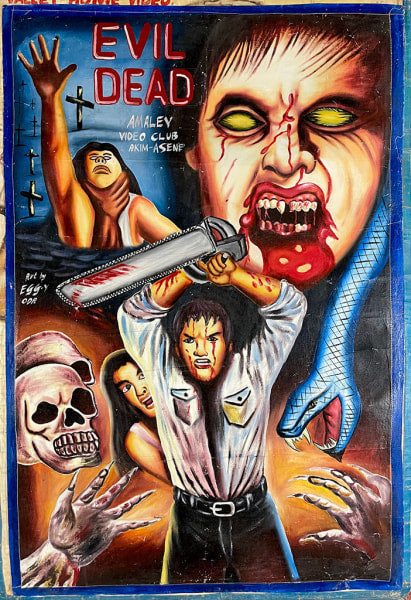 A hand-painted Deadly Prey Eggy artist poster for Evil Dead shows a man with a chainsaw, bloody monster face, skull, blue snake, screaming woman, and crosses beneath a dark sky—an ideal collector's piece.
