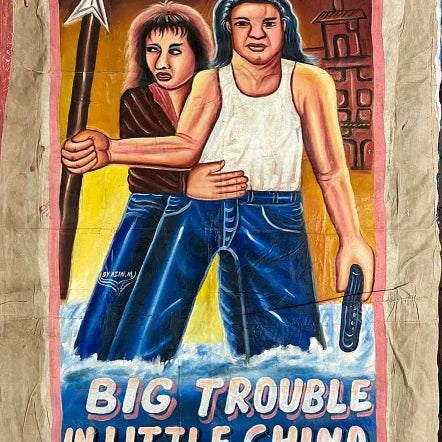 The Deadly Prey hand-painted poster features two determined figures in water, one with a spear and one with a weapon, set against a cityscape. Text appears at the bottom of this Big Trouble in Little China art piece.