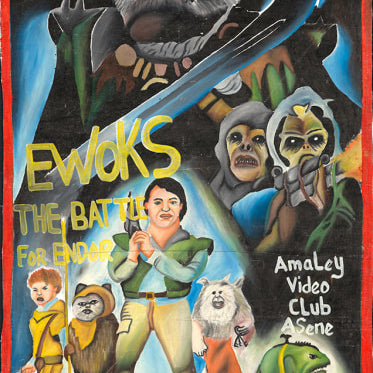 A vibrant, hand-painted Deadly Prey poster for Ewoks: The Battle for Endor showcases heroic and villainous characters—Ewoks, a man, woman, wolf-like creature, and monster—all set beneath a dramatic night sky.