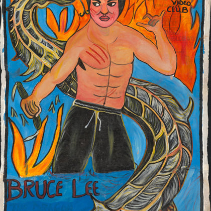 Vibrant Deadly Prey poster of Bruce Lee, shirtless and flexing with a dragon behind him. Features a fiery backdrop and bold “The Dragon,” “Bruce Lee,” and “Sly Fox Video Club” text. Perfect for fans of iconic martial arts art.