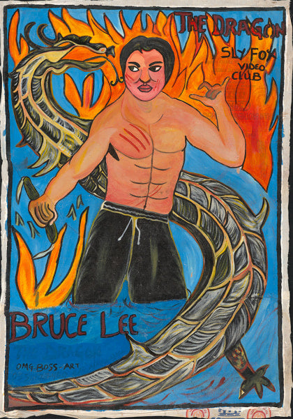 Vibrant Deadly Prey poster of Bruce Lee, shirtless and flexing with a dragon behind him. Features a fiery backdrop and bold “The Dragon,” “Bruce Lee,” and “Sly Fox Video Club” text. Perfect for fans of iconic martial arts art.