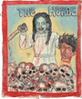 A girl with braided hair, pale skin, and a blood-stained white dress wields a knife and severed head, standing over skulls under "THE HORDE"—a vivid Deadly Prey piece in oil and enamel reminiscent of Mr. Brew’s signature style.