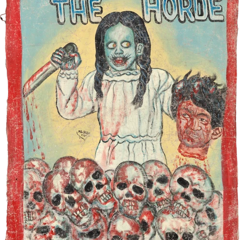 A girl with braided hair, pale skin, and a blood-stained white dress wields a knife and severed head, standing over skulls under "THE HORDE"—a vivid Deadly Prey piece in oil and enamel reminiscent of Mr. Brew’s signature style.