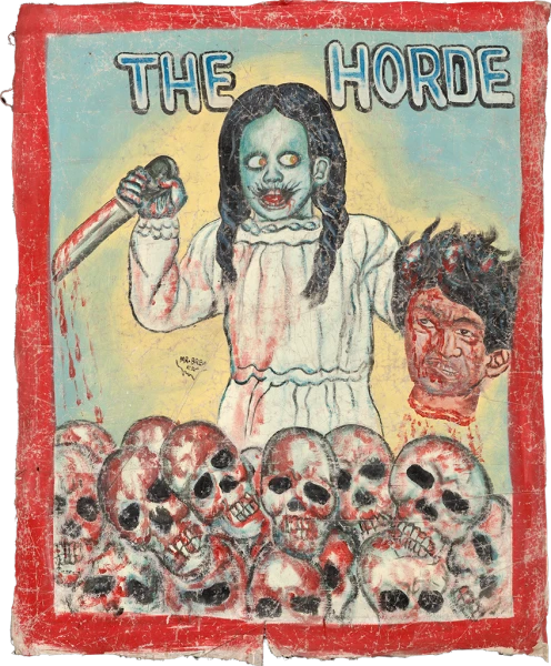 A girl with braided hair, pale skin, and a blood-stained white dress wields a knife and severed head, standing over skulls under "THE HORDE"—a vivid Deadly Prey piece in oil and enamel reminiscent of Mr. Brew’s signature style.