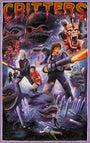 A vibrant Deadly Prey movie poster in oil and enamel style features monstrous, sharp-toothed creatures attacking armed people. Amid destruction and tombstones, determined survivors battle under the blood-dripped CRITTERS title.