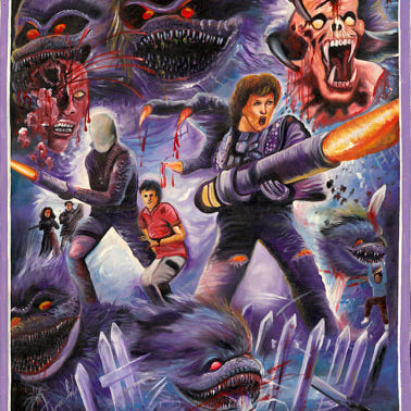 A vibrant Deadly Prey movie poster in oil and enamel style features monstrous, sharp-toothed creatures attacking armed people. Amid destruction and tombstones, determined survivors battle under the blood-dripped CRITTERS title.