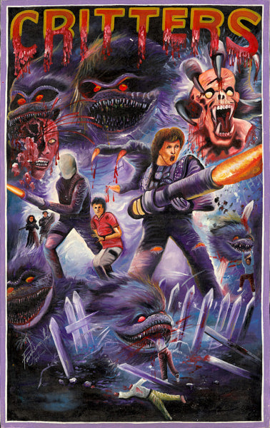 A vibrant Deadly Prey movie poster in oil and enamel style features monstrous, sharp-toothed creatures attacking armed people. Amid destruction and tombstones, determined survivors battle under the blood-dripped CRITTERS title.